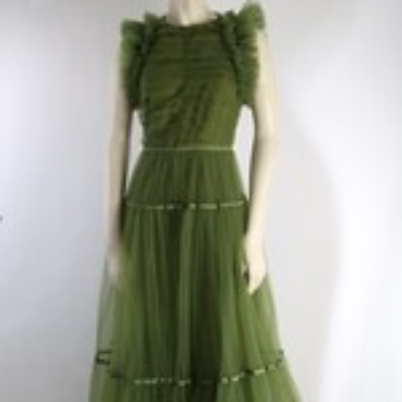 H&M Conscious Exclusive Green Tulle Ruffle Maxi Ball Gown Dress Size 4 - Picture 1 of 5